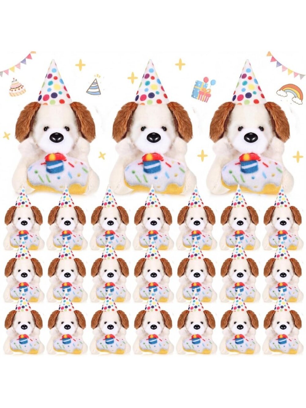 24 Pcs Birthday Dog Stuffed Animals with Hats - Cute Party Gifts & Decor